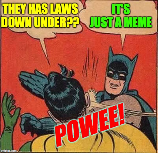 Batman Slapping Robin Meme | THEY HAS LAWS DOWN UNDER?? IT'S JUST A MEME POWEE! | image tagged in memes,batman slapping robin | made w/ Imgflip meme maker