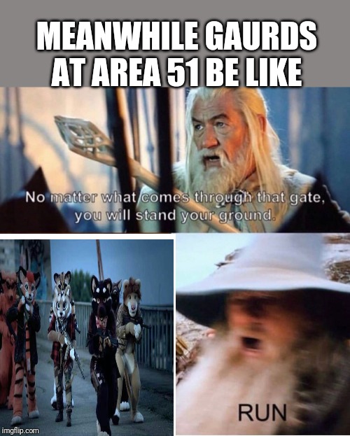 no matter what comes through that gate | MEANWHILE GAURDS AT AREA 51 BE LIKE | image tagged in no matter what comes through that gate | made w/ Imgflip meme maker