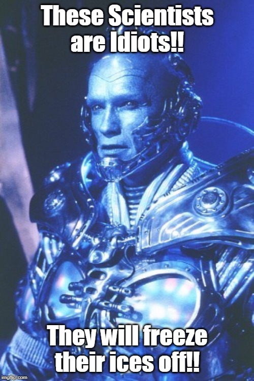 Arnold Schwarzenegger --- Mr. Freeze | These Scientists are Idiots!! They will freeze their ices off!! | image tagged in arnold schwarzenegger --- mr freeze | made w/ Imgflip meme maker