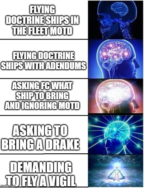 Expanding Brain 5 Panel | FLYING DOCTRINE SHIPS IN THE FLEET MOTD; FLYING DOCTRINE SHIPS WITH ADENDUMS; ASKING FC WHAT SHIP TO BRING AND IGNORING MOTD; ASKING TO BRING A DRAKE; DEMANDING TO FLY A VIGIL | image tagged in expanding brain 5 panel | made w/ Imgflip meme maker