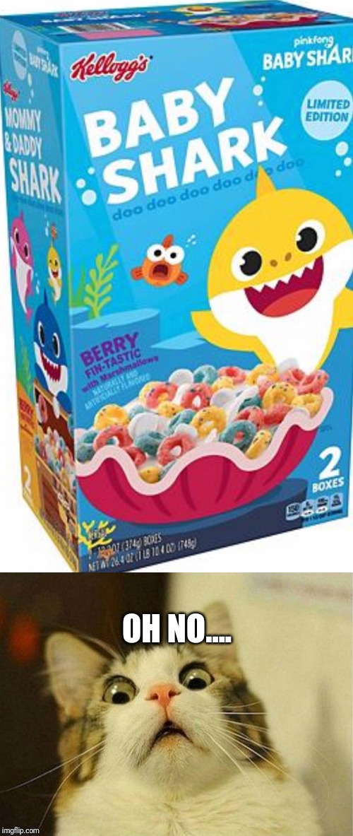 Why why why why why why? | OH NO.... | image tagged in memes,scared cat,baby shark,cereal | made w/ Imgflip meme maker