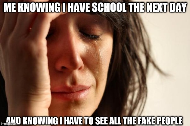 First World Problems | ME KNOWING I HAVE SCHOOL THE NEXT DAY; AND KNOWING I HAVE TO SEE ALL THE FAKE PEOPLE | image tagged in memes,first world problems | made w/ Imgflip meme maker