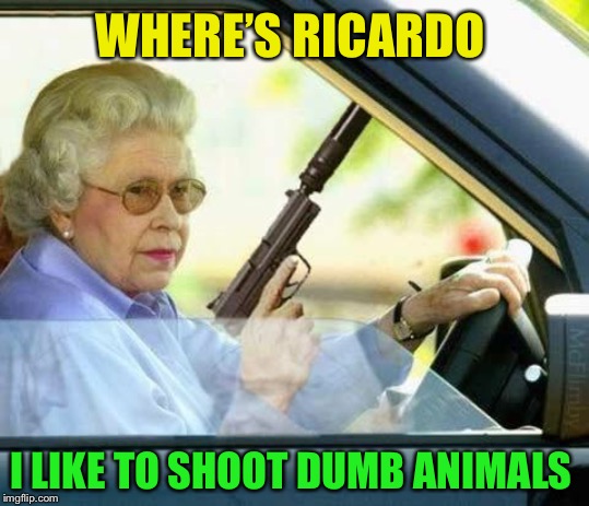 Queen gun | WHERE’S RICARDO I LIKE TO SHOOT DUMB ANIMALS | image tagged in queen gun | made w/ Imgflip meme maker