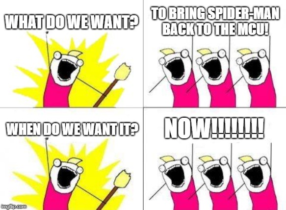 What Do We Want | WHAT DO WE WANT? TO BRING SPIDER-MAN BACK TO THE MCU! NOW!!!!!!!! WHEN DO WE WANT IT? | image tagged in memes,what do we want | made w/ Imgflip meme maker