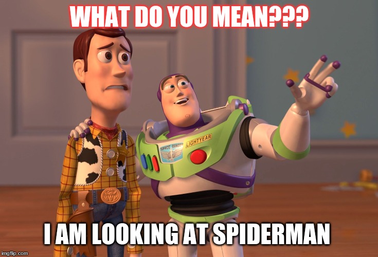 X, X Everywhere | WHAT DO YOU MEAN??? I AM LOOKING AT SPIDERMAN | image tagged in memes,x x everywhere | made w/ Imgflip meme maker