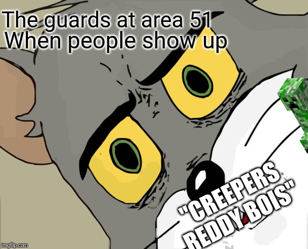 Unsettled Tom | The guards at area 51; When people show up; "CREEPERS REDDY BOIS" | image tagged in memes,unsettled tom | made w/ Imgflip meme maker