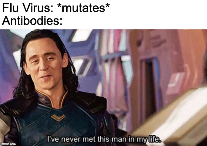 We learn new things everyday. | Flu Virus: *mutates*
Antibodies: | image tagged in i have never met this man in my life | made w/ Imgflip meme maker