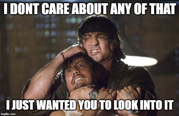 rambo made you look | I DONT CARE ABOUT ANY OF THAT I JUST WANTED YOU TO LOOK INTO IT | image tagged in rambo made you look | made w/ Imgflip meme maker
