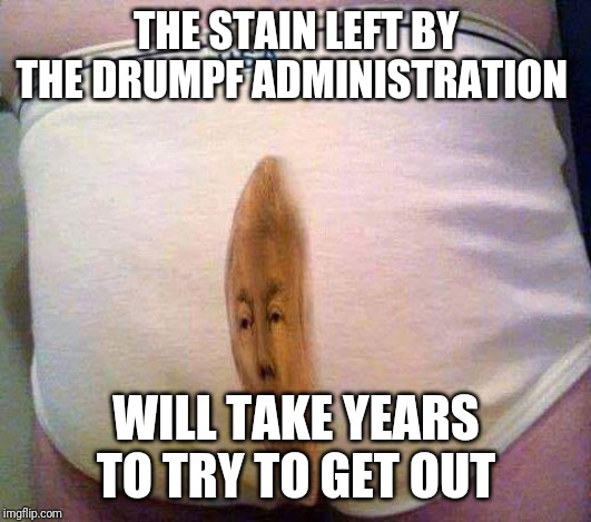 Creepy Condescending Wonka | THE STAIN LEFT BY THE DRUMPF ADMINISTRATION; WILL TAKE YEARS TO TRY TO GET OUT | image tagged in political meme,memes,donald trump,face you make robert downey jr | made w/ Imgflip meme maker