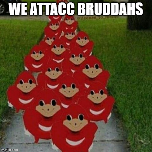 Ugandan knuckles army | WE ATTACC BRUDDAHS | image tagged in ugandan knuckles army | made w/ Imgflip meme maker
