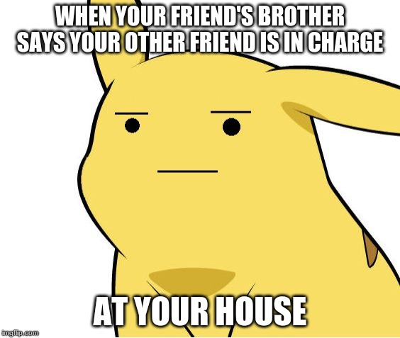 Pikachu Is Not Amused | WHEN YOUR FRIEND'S BROTHER SAYS YOUR OTHER FRIEND IS IN CHARGE; AT YOUR HOUSE | image tagged in pikachu is not amused | made w/ Imgflip meme maker