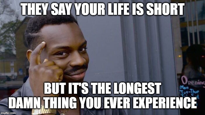 Roll Safe Think About It Meme | THEY SAY YOUR LIFE IS SHORT; BUT IT'S THE LONGEST DAMN THING YOU EVER EXPERIENCE | image tagged in memes,roll safe think about it | made w/ Imgflip meme maker