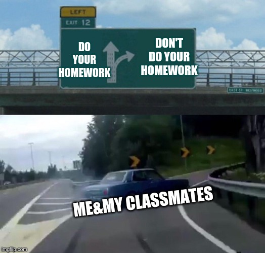 Left Exit 12 Off Ramp | DON'T DO YOUR HOMEWORK; DO YOUR HOMEWORK; ME&MY CLASSMATES | image tagged in memes,left exit 12 off ramp | made w/ Imgflip meme maker