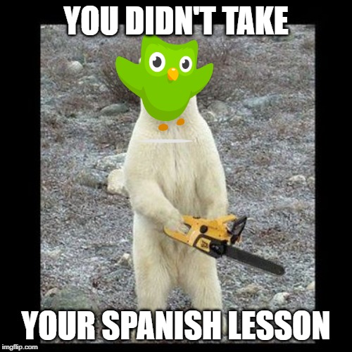 Chainsaw Bear | YOU DIDN'T TAKE; YOUR SPANISH LESSON | image tagged in memes,chainsaw bear | made w/ Imgflip meme maker