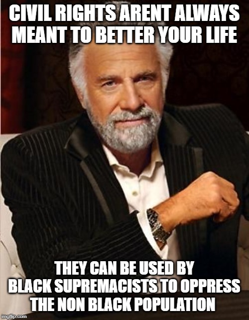 i don't always | CIVIL RIGHTS ARENT ALWAYS MEANT TO BETTER YOUR LIFE THEY CAN BE USED BY BLACK SUPREMACISTS TO OPPRESS THE NON BLACK POPULATION | image tagged in i don't always | made w/ Imgflip meme maker