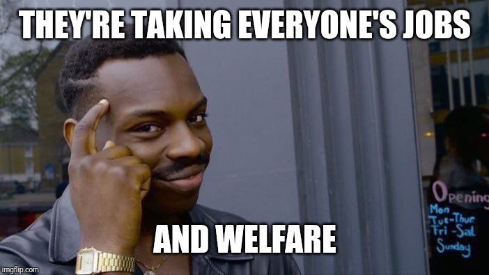 Roll Safe Think About It Meme | THEY'RE TAKING EVERYONE'S JOBS AND WELFARE | image tagged in memes,roll safe think about it | made w/ Imgflip meme maker