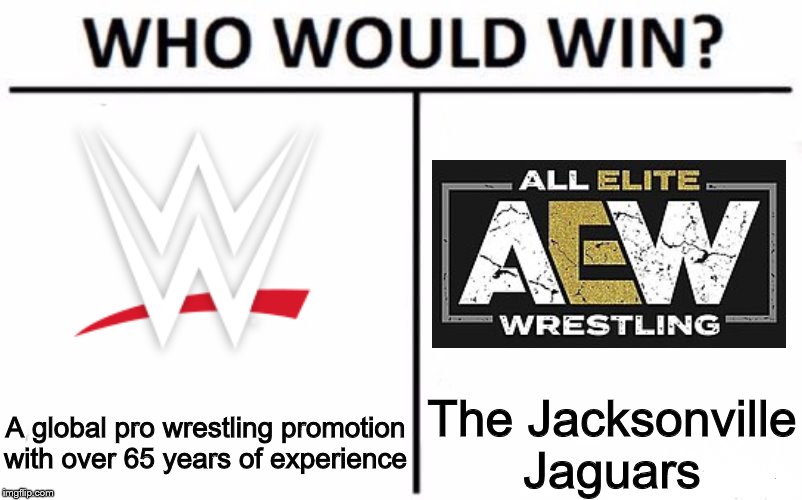 Who Would Win? | A global pro wrestling promotion with over 65 years of experience; The Jacksonville Jaguars | image tagged in memes,who would win,wwe,all elite wrestling,pro wrestling | made w/ Imgflip meme maker