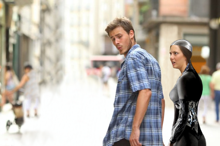 Distracted boyfriend also known as man looking at other woman is a captione...