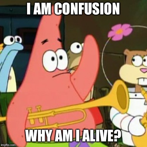 No Patrick Meme | I AM CONFUSION; WHY AM I ALIVE? | image tagged in memes,no patrick | made w/ Imgflip meme maker