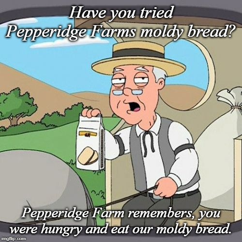 Pepperidge Farm Remembers Meme | Have you tried Pepperidge Farms moldy bread? Pepperidge Farm remembers, you were hungry and eat our moldy bread. | image tagged in memes,pepperidge farm remembers | made w/ Imgflip meme maker