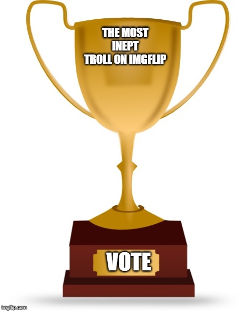Put it in comments. | THE MOST INEPT TROLL ON IMGFLIP; VOTE | image tagged in blank trophy | made w/ Imgflip meme maker