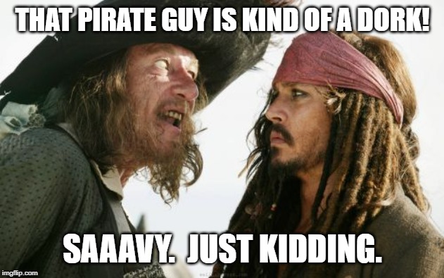 Barbosa And Sparrow Meme | THAT PIRATE GUY IS KIND OF A DORK! SAAAVY.  JUST KIDDING. | image tagged in memes,barbosa and sparrow | made w/ Imgflip meme maker