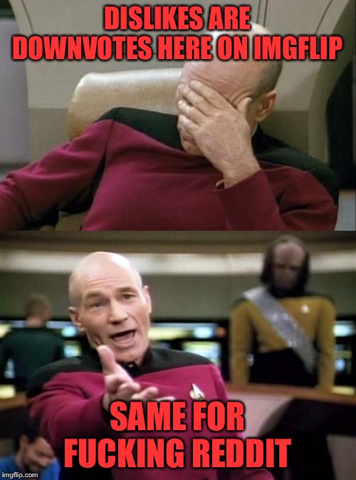 DISLIKES ARE DOWNVOTES HERE ON IMGFLIP SAME FOR F**KING REDDIT | image tagged in memes,picard wtf,captain picard facepalm | made w/ Imgflip meme maker