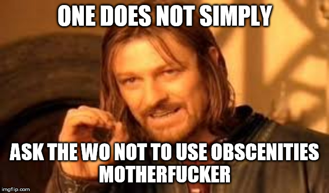 One does not simply blank | ONE DOES NOT SIMPLY; ASK THE WO NOT TO USE OBSCENITIES

MOTHERFUCKER | image tagged in one does not simply blank | made w/ Imgflip meme maker