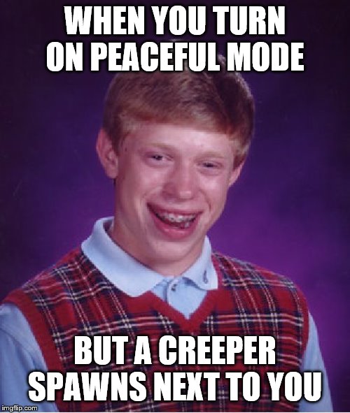 -to be countined- | WHEN YOU TURN ON PEACEFUL MODE; BUT A CREEPER SPAWNS NEXT TO YOU | image tagged in memes,bad luck brian,minecraft creeper,peaceful mode | made w/ Imgflip meme maker