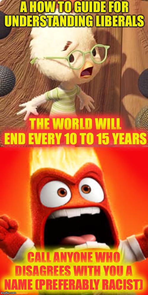 A HOW TO GUIDE FOR UNDERSTANDING LIBERALS; THE WORLD WILL END EVERY 10 TO 15 YEARS; CALL ANYONE WHO DISAGREES WITH YOU A NAME (PREFERABLY RACIST) | image tagged in inside out anger,chicken little | made w/ Imgflip meme maker