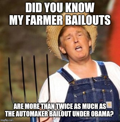 No wonder why they support him | DID YOU KNOW MY FARMER BAILOUTS; ARE MORE THAN TWICE AS MUCH AS THE AUTOMAKER BAILOUT UNDER OBAMA? | image tagged in trump farmer,tariffs | made w/ Imgflip meme maker