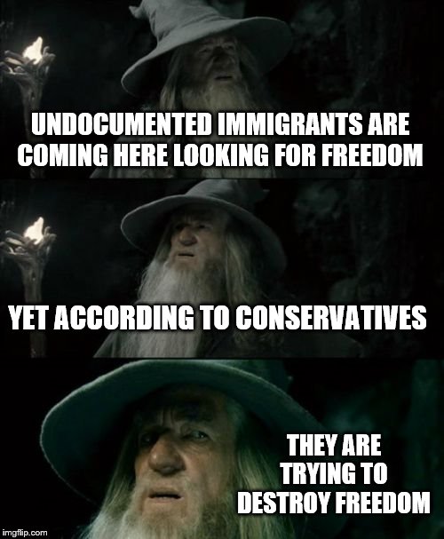 its like they're using that argument to hide some sort of prejudice.... | UNDOCUMENTED IMMIGRANTS ARE COMING HERE LOOKING FOR FREEDOM; YET ACCORDING TO CONSERVATIVES; THEY ARE TRYING TO DESTROY FREEDOM | image tagged in memes,funny,politics | made w/ Imgflip meme maker