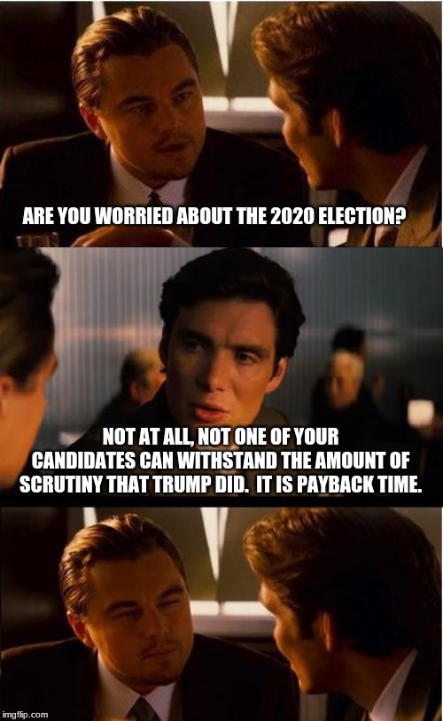 This we will investigate | ARE YOU WORRIED ABOUT THE 2020 ELECTION? NOT AT ALL, NOT ONE OF YOUR CANDIDATES CAN WITHSTAND THE AMOUNT OF SCRUTINY THAT TRUMP DID.  IT IS PAYBACK TIME. | image tagged in memes,investigate democrats,candidates be warned,check them all,payback,karma | made w/ Imgflip meme maker