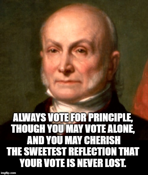 John Quincy Adams | ALWAYS VOTE FOR PRINCIPLE, 
THOUGH YOU MAY VOTE ALONE, 
AND YOU MAY CHERISH THE SWEETEST REFLECTION THAT 
YOUR VOTE IS NEVER LOST. | image tagged in quotes | made w/ Imgflip meme maker