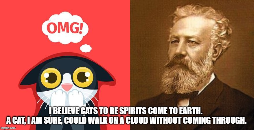 Jules Verne | I BELIEVE CATS TO BE SPIRITS COME TO EARTH. 
A CAT, I AM SURE, COULD WALK ON A CLOUD WITHOUT COMING THROUGH. | image tagged in quotes | made w/ Imgflip meme maker