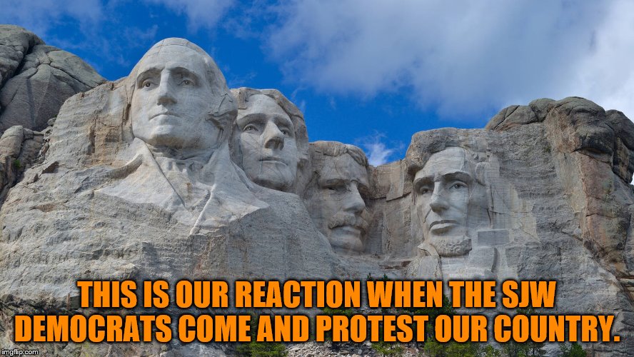 Stone faced and not scared | THIS IS OUR REACTION WHEN THE SJW DEMOCRATS COME AND PROTEST OUR COUNTRY. | image tagged in mt rushmore | made w/ Imgflip meme maker