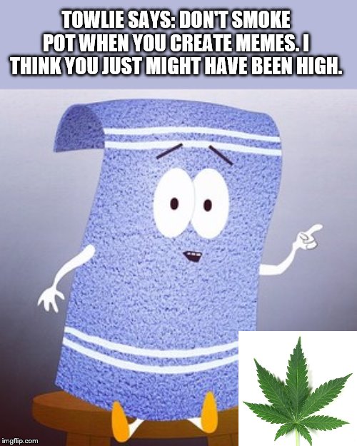 Maybe that is why we get weird memes | TOWLIE SAYS: DON'T SMOKE POT WHEN YOU CREATE MEMES. I THINK YOU JUST MIGHT HAVE BEEN HIGH. | image tagged in towlie | made w/ Imgflip meme maker