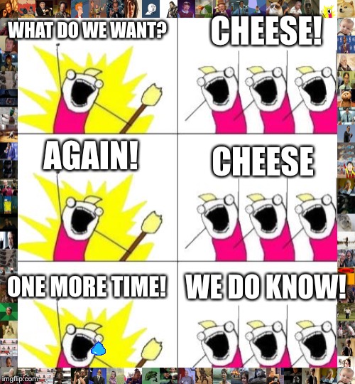 What Do We Want 3 | WHAT DO WE WANT? CHEESE! AGAIN! CHEESE; ONE MORE TIME! WE DO KNOW! | image tagged in memes,what do we want 3 | made w/ Imgflip meme maker