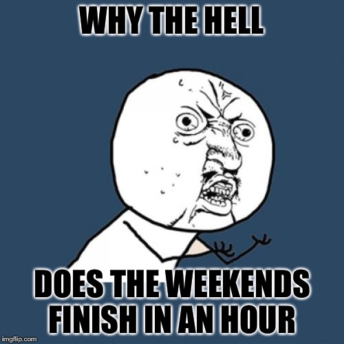 Y U No Meme |  WHY THE HELL; DOES THE WEEKENDS FINISH IN AN HOUR | image tagged in memes,y u no | made w/ Imgflip meme maker