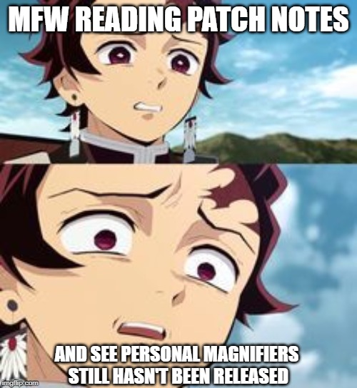 MFW READING PATCH NOTES; AND SEE PERSONAL MAGNIFIERS 
STILL HASN'T BEEN RELEASED | made w/ Imgflip meme maker
