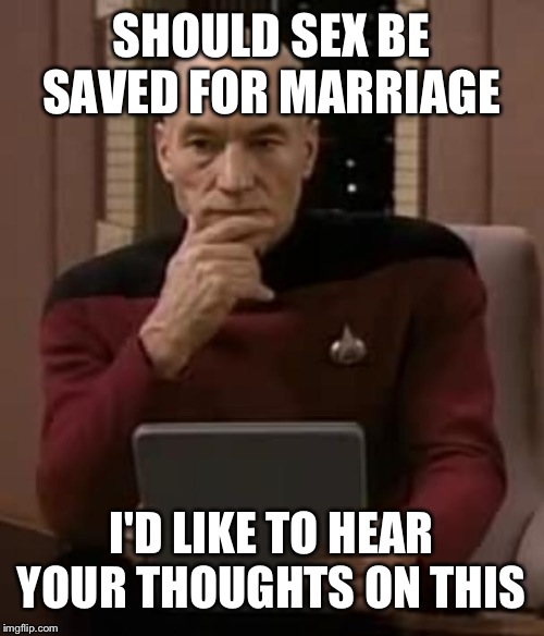 picard thinking | SHOULD SEX BE SAVED FOR MARRIAGE; I'D LIKE TO HEAR YOUR THOUGHTS ON THIS | image tagged in picard thinking | made w/ Imgflip meme maker