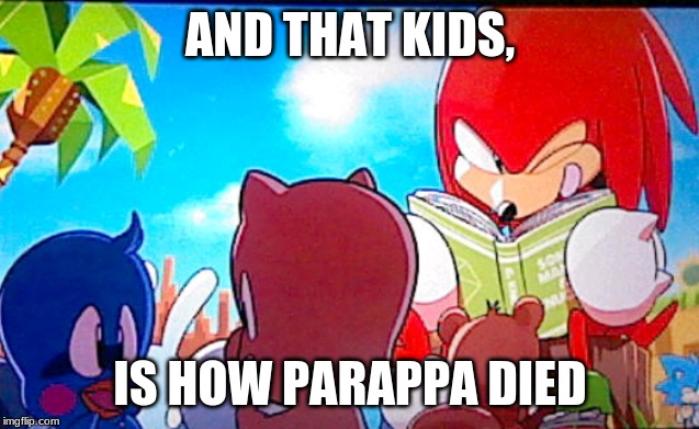 knuckles | AND THAT KIDS, IS HOW PARAPPA DIED | image tagged in knuckles | made w/ Imgflip meme maker