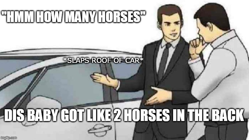 Car Salesman Slaps Roof Of Car | "HMM HOW MANY HORSES"; *SLAPS ROOF OF CAR*; DIS BABY GOT LIKE 2 HORSES IN THE BACK | image tagged in memes,car salesman slaps roof of car | made w/ Imgflip meme maker