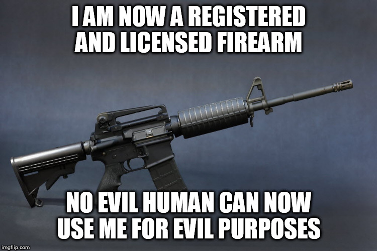 AR-15 | I AM NOW A REGISTERED AND LICENSED FIREARM; NO EVIL HUMAN CAN NOW USE ME FOR EVIL PURPOSES | image tagged in ar-15 | made w/ Imgflip meme maker