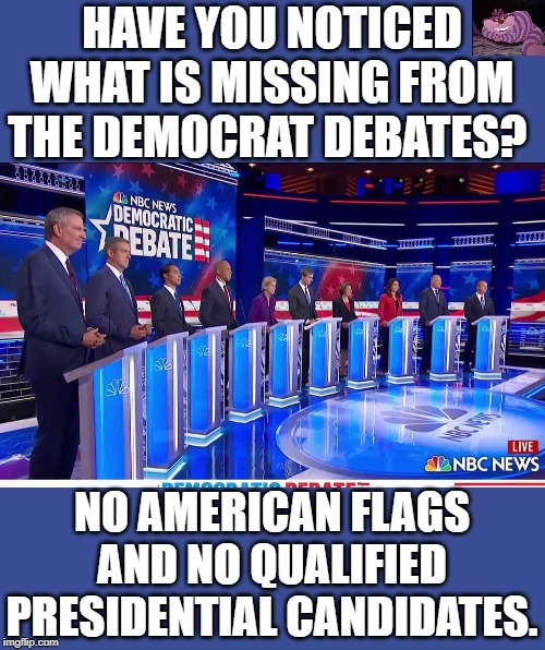 I don't want to say the Democrats are unpatriotic, but. | HAVE YOU NOTICED WHAT IS MISSING FROM THE DEMOCRAT DEBATES? NO AMERICAN FLAGS AND NO QUALIFIED PRESIDENTIAL CANDIDATES. | image tagged in democratic debate | made w/ Imgflip meme maker