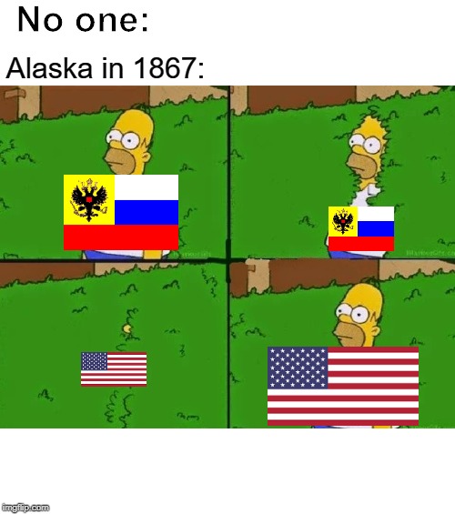 Homer in bush out | No one:; Alaska in 1867: | image tagged in homer in bush out | made w/ Imgflip meme maker