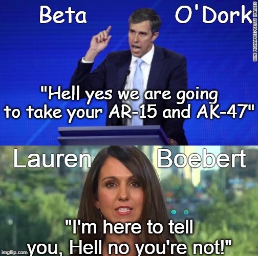 Hell no you're not! | Beta             O'Dork; "Hell yes we are going to take your AR-15 and AK-47"; Lauren         Boebert; "I'm here to tell you, Hell no you're not!" | image tagged in beta | made w/ Imgflip meme maker