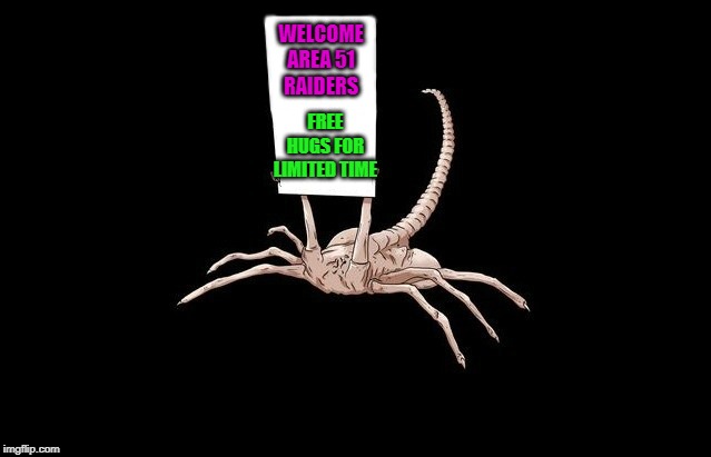Everyone needs a free hug now and then! | WELCOME AREA 51 RAIDERS; FREE HUGS FOR LIMITED TIME | image tagged in alien free hugs,memes,storm area 51,funny,facehugger,area 51 | made w/ Imgflip meme maker