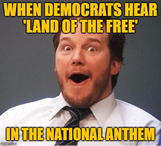 National Anthem Free Face | WHEN DEMOCRATS HEAR
'LAND OF THE FREE'; IN THE NATIONAL ANTHEM | image tagged in excited,political meme,political humor,free stuff,national anthem,lol so funny | made w/ Imgflip meme maker