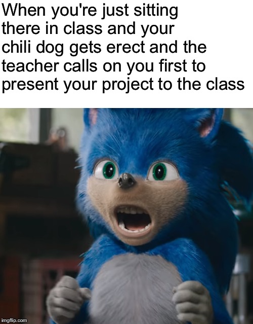 Aw Crap, Here We Go Again! | When you're just sitting there in class and your chili dog gets erect and the teacher calls on you first to present your project to the class | image tagged in sonic scream,school,erection,teacher,oh my god,sonic movie | made w/ Imgflip meme maker